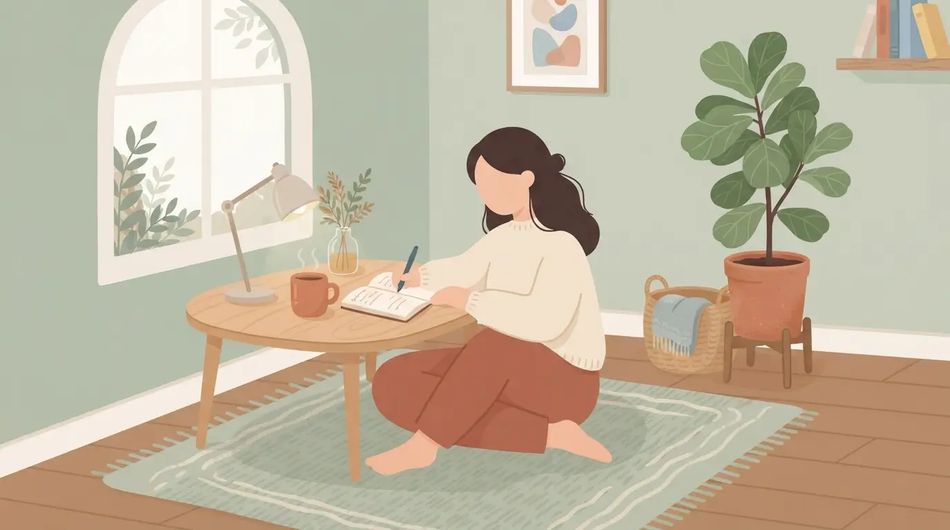 Illustration of a person writing in a notebook with tea, representing the personal about section of the abbreviation guide site