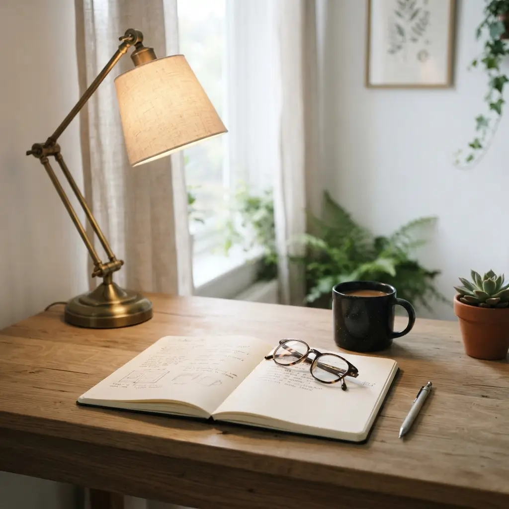 Cozy desk setup with notebook and glasses representing the story behind the abbreviation guide site