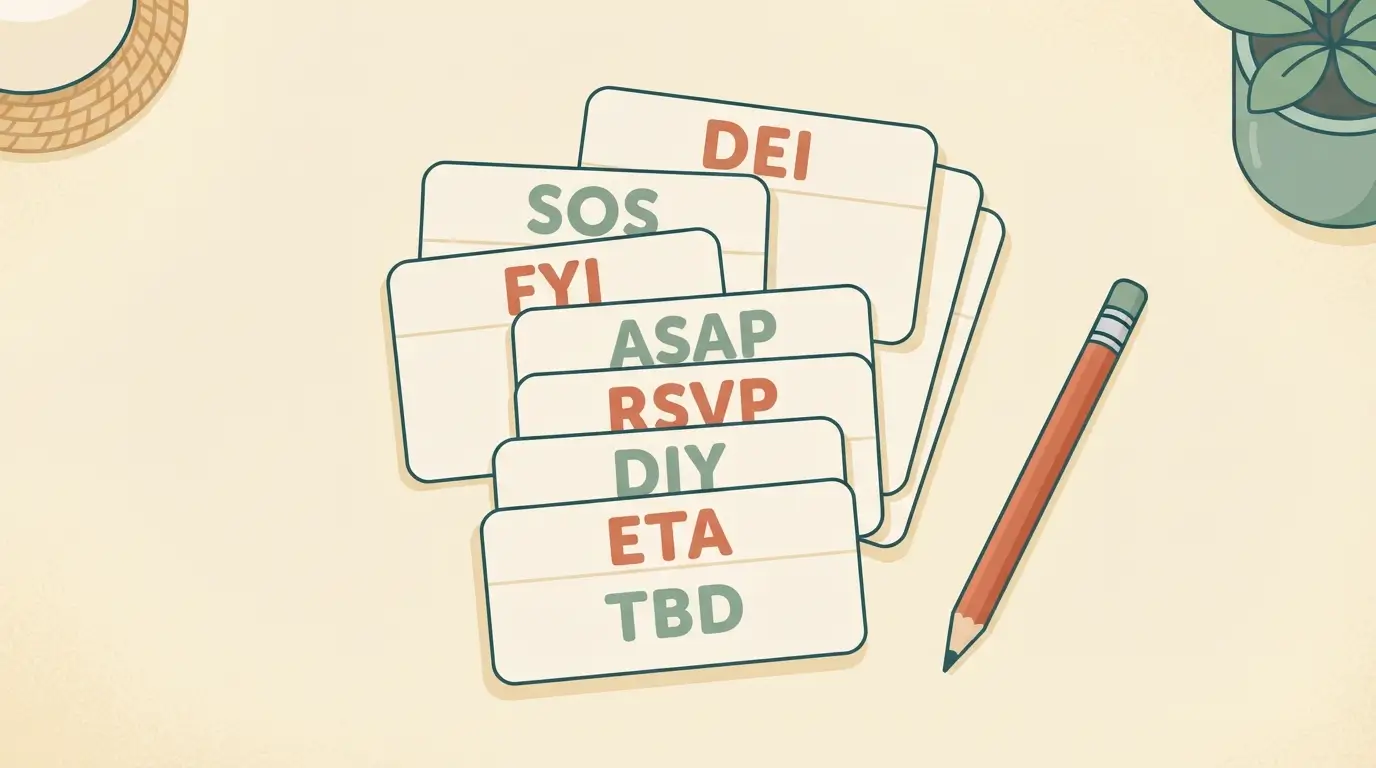 Illustration of flashcards showing popular abbreviations like RSVP, SOS, and DEI for weekly most searched list