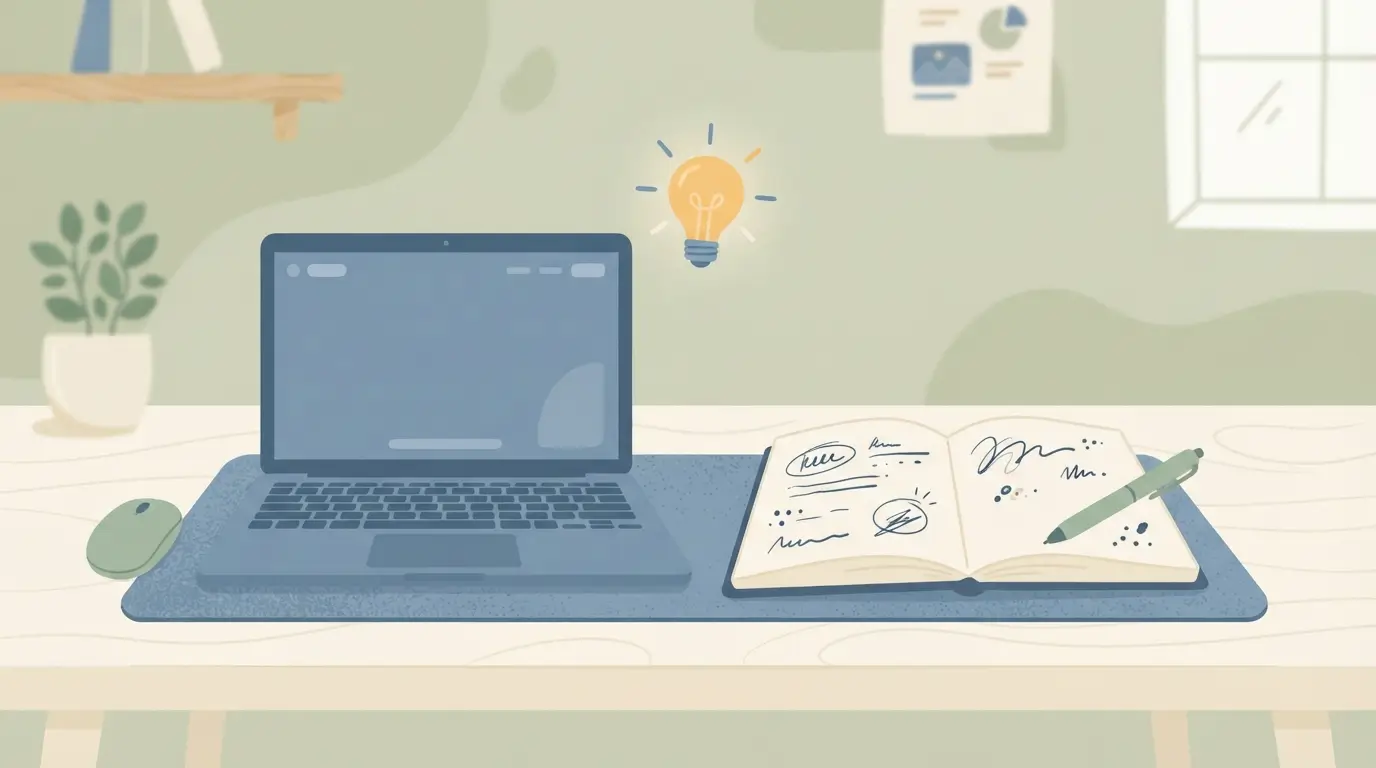 Illustration of a laptop, notebook, and lightbulb representing the idea behind building an abbreviation meanings website